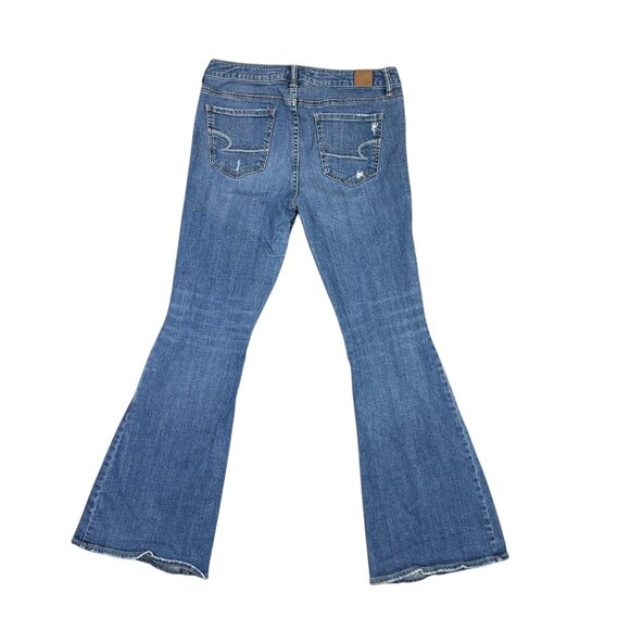 American Eagle AE77 High Rise Flare Jeans Womens 10 Blue Distressed Wide Leg - Picture 2 of 11